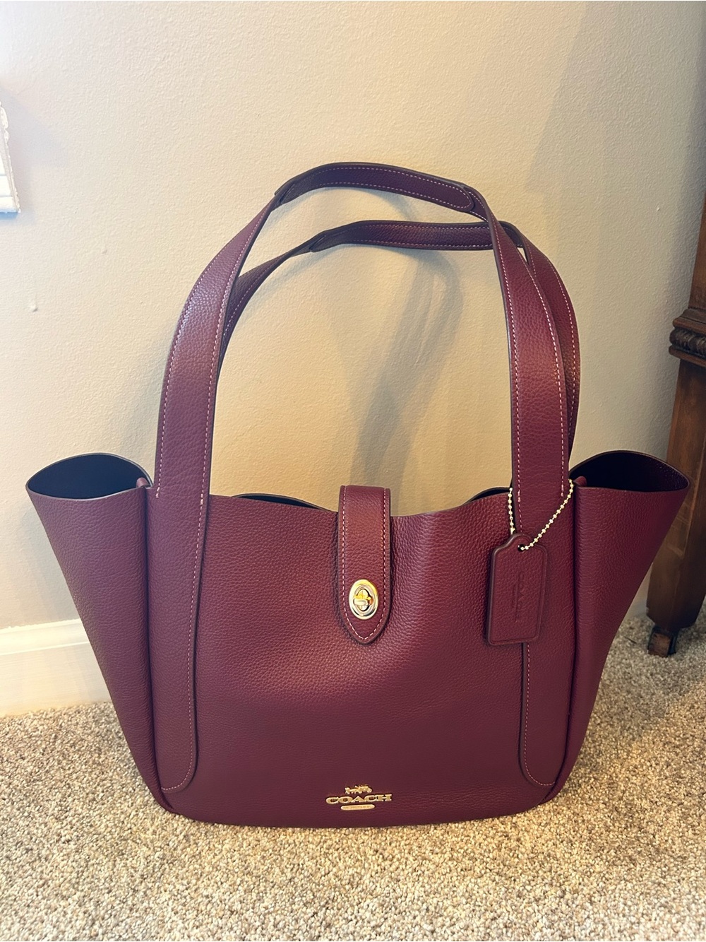Coach Hadley Turnlock Tote in Dark Wine Pebbled Leather